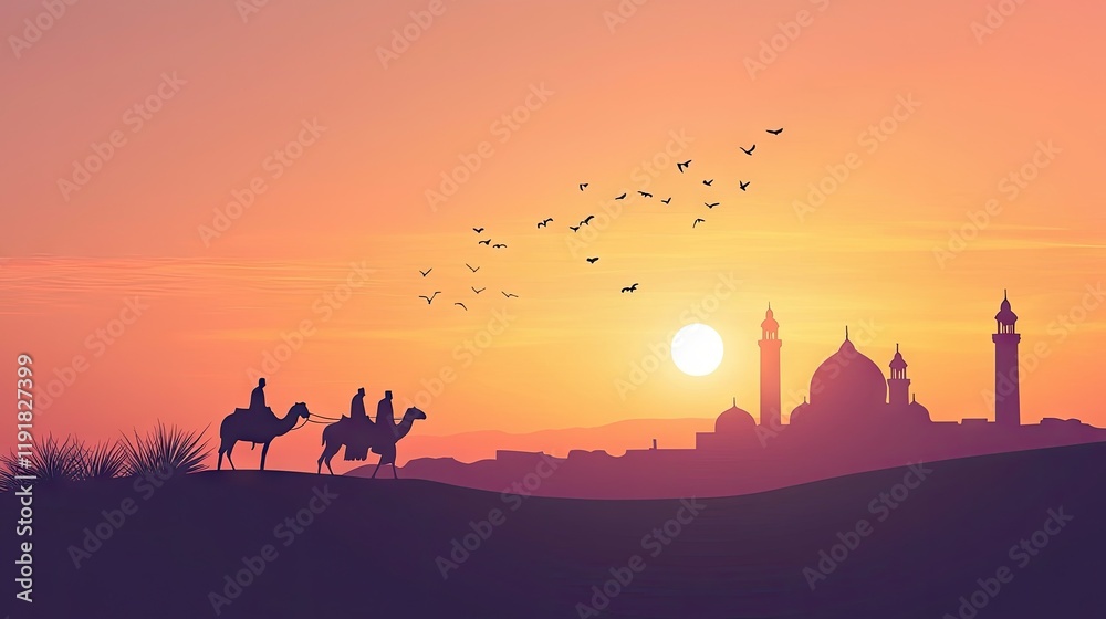 Fototapeta premium Desert sunset, camel riders approach mosque. Religious travel, greeting card