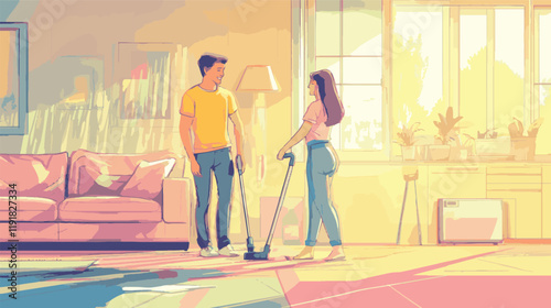 vector cartoon couple cleaning floor with vacum clener