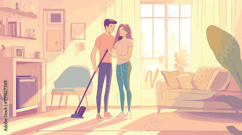 vector cartoon couple cleaning floor with vacum clener