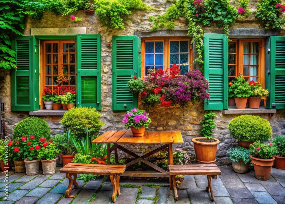 Fototapeta premium Surreal Cottage Garden Close-up: Cute Table, Bench, Chairs, Slate House, Green Shutters, Plants