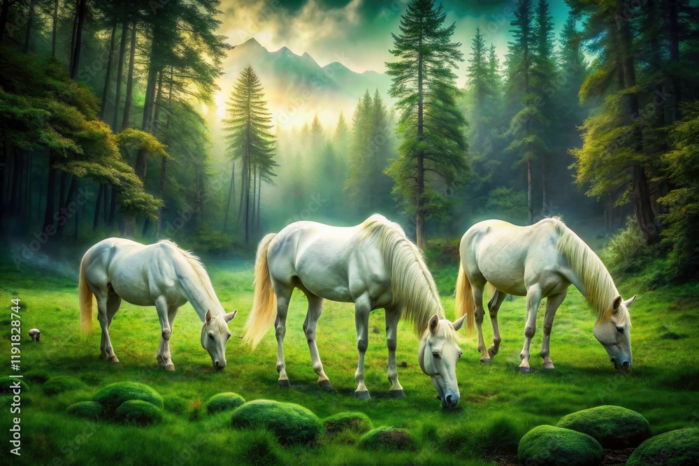Fototapeta premium Surreal White Horses Grazing Pasture Forest Dreamy Fantasy Art