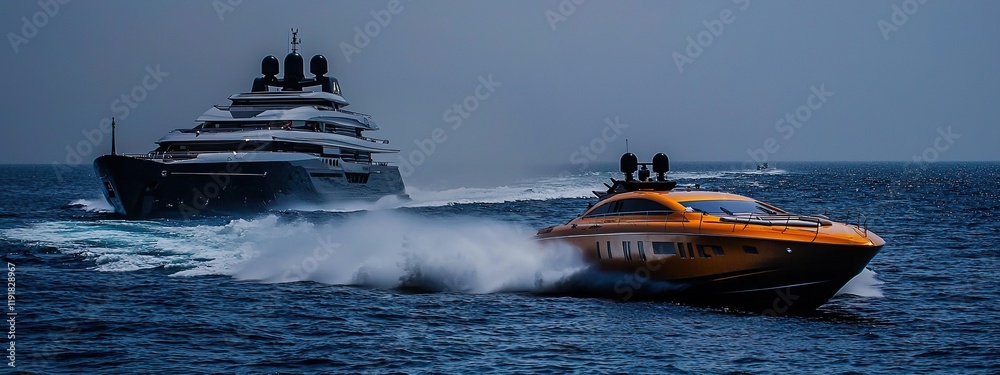Fototapeta premium Speedboat races alongside luxury yacht on open water during daylight