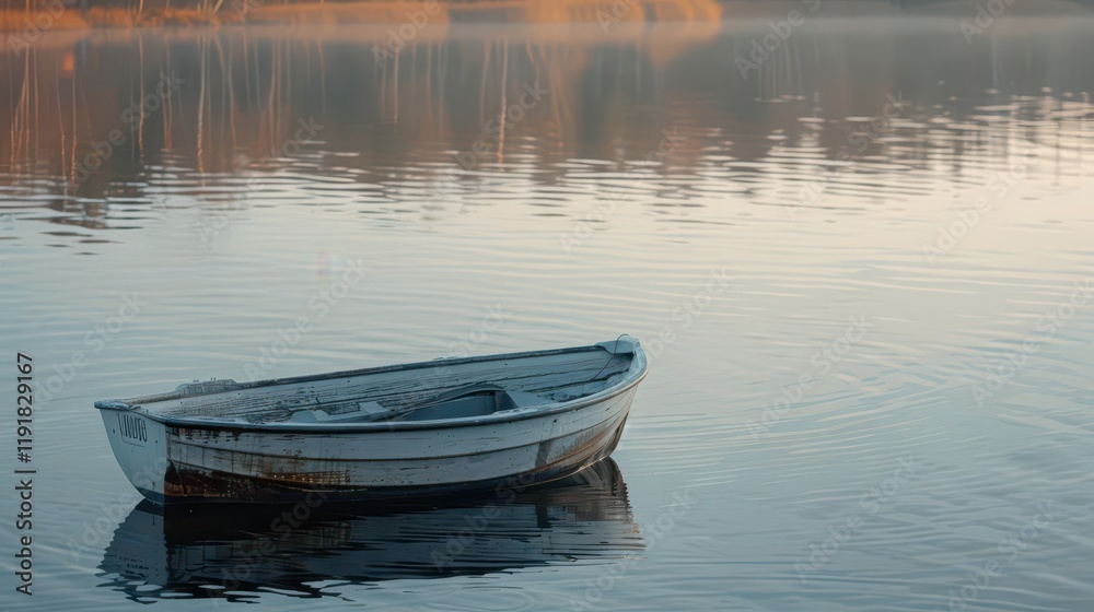 A solitary boat floating on calm water during sunrise, reflecting nature's tranquility. A solitary boat floating on calm water during sunrise, reflecting nature's tranquility.