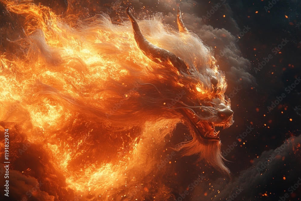 Fototapeta premium Fiery dragon head engulfed in flames.