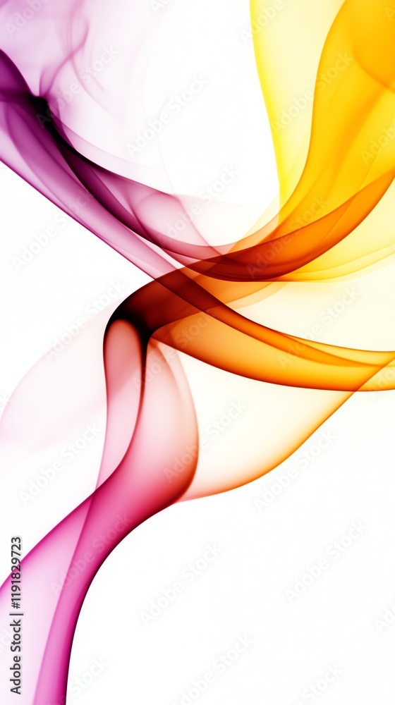 Naklejka premium Ethereal pale yellow and pink smoke merging into overlapping waves over a clean white background, Soft Smoke Waves, Romantic softness