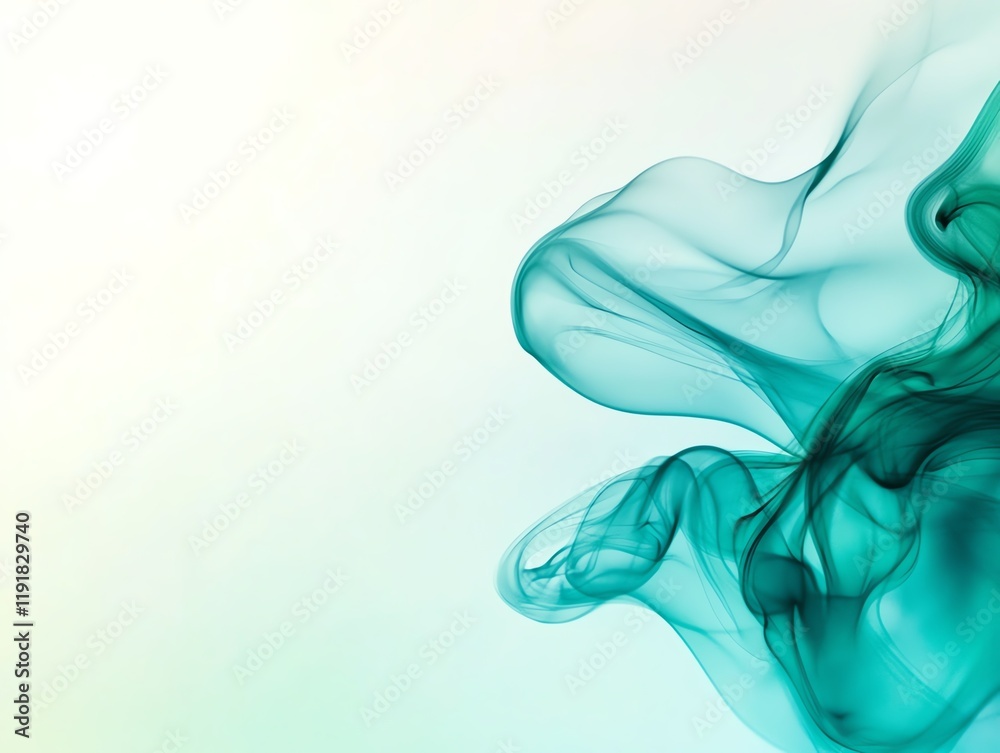 Obraz premium Ethereal pastel blue and green smoke trails blending into a gradient on a neutral beige background, Smoke Effect, Fresh and calming