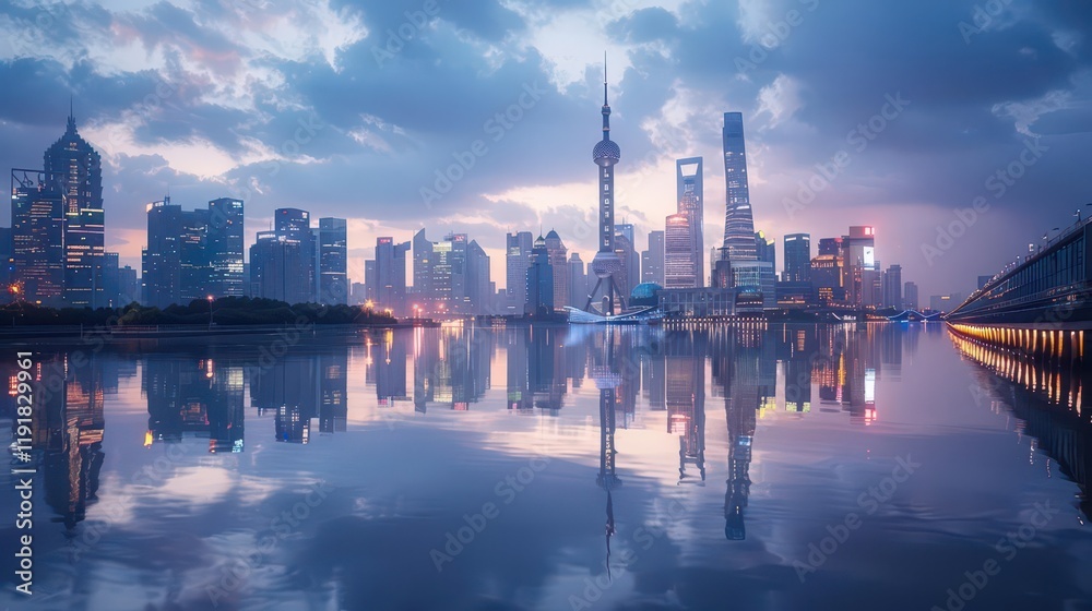 Fototapeta premium A serene view of a city skyline reflected in water during twilight.