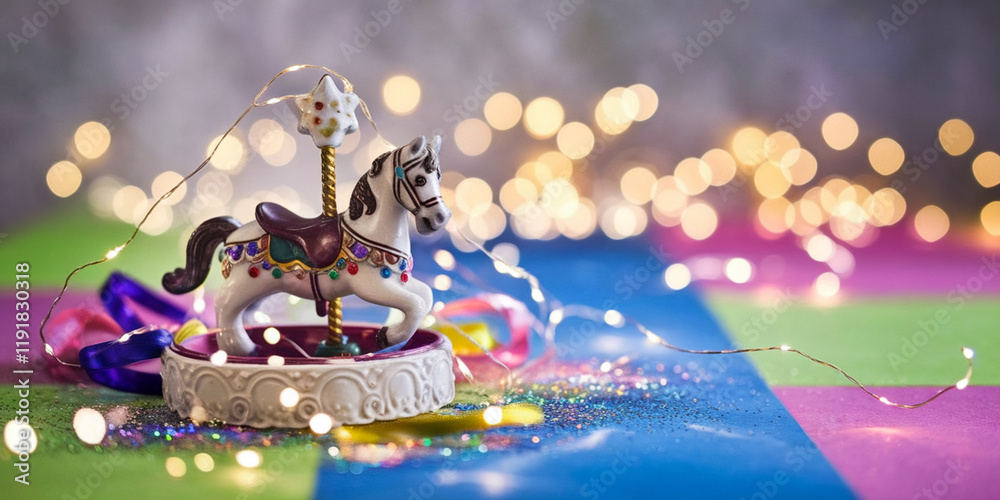 Fototapeta premium Festive Carousel Horse Miniature with Fairy Lights and Glitter