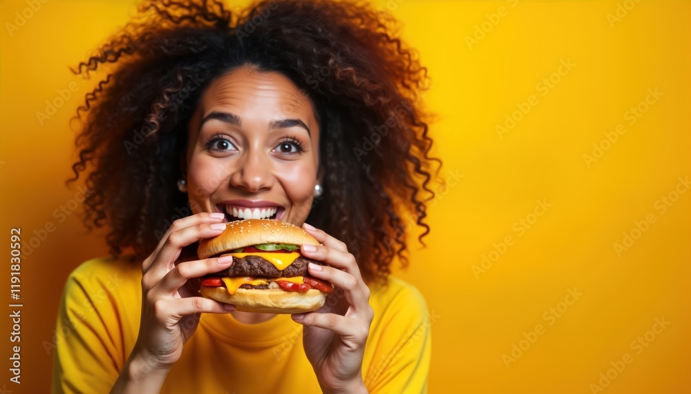 Woman happily bites into tasty burger. Studio shot shows black woman devouring burger against vibrant yellow background. Candid moment food delivery concept fast food eatery. Happy expression, bold Woman happily bites into tasty burger. Studio shot shows black woman devouring burger against vibrant yellow background. Candid moment food delivery concept fast food eatery. Happy expression, bold