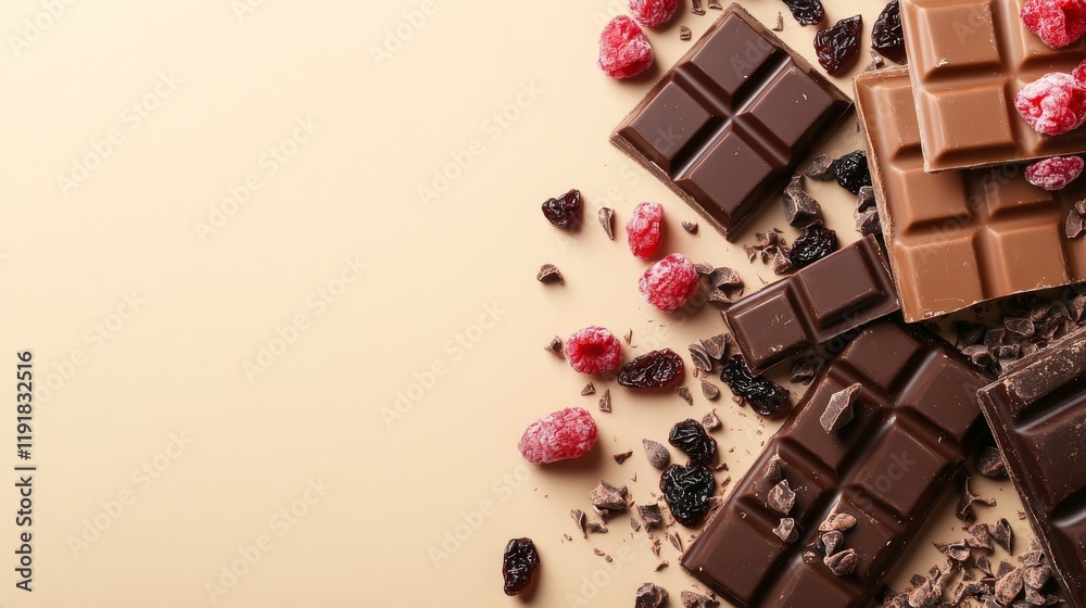 Fototapeta premium 109.Different Chocolate Bars with Freeze-Dried Fruits on Beige Background