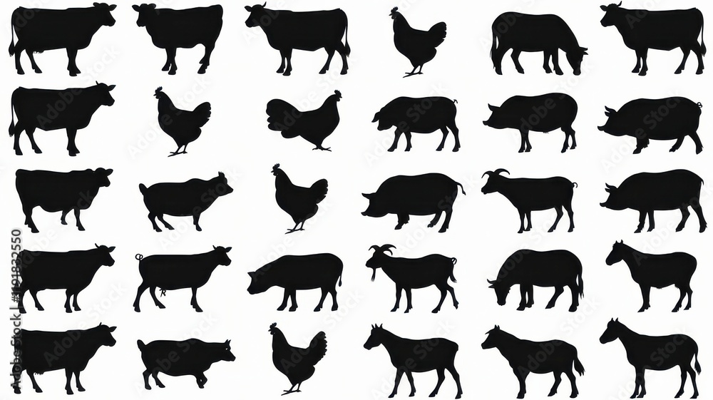 Obraz premium Rural Life: 20 Farm Animal Silhouettes