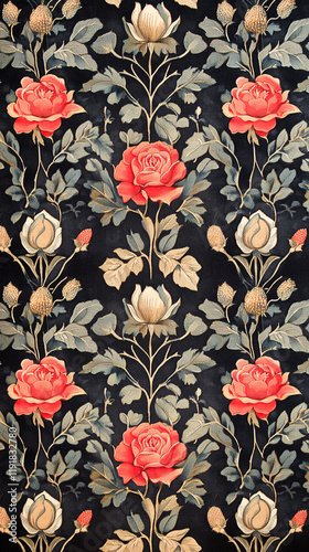 Obraz na płótnie The image features a detailed, ornate fabric design with vibrant red roses, green leaves, and beige buds set against a black background w salonie