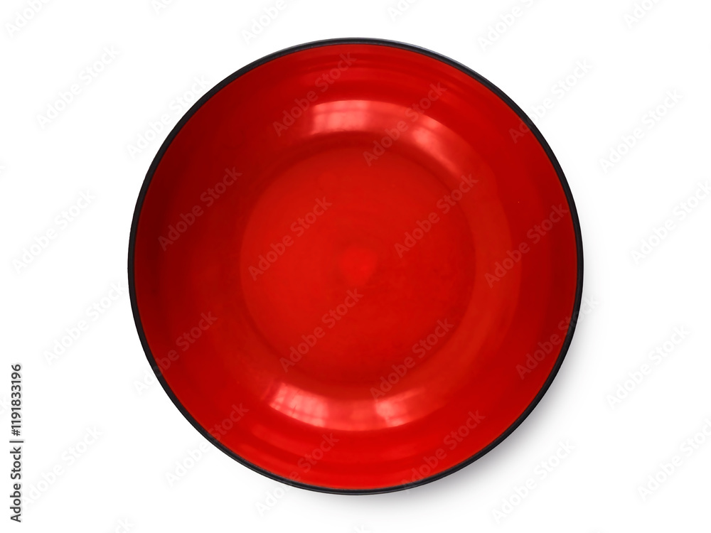 Top view of empty black and red plastic bowl isolated on white background with clipping path. Japanese style ramen bowl. Mockup with copy space for food design. Top view of empty black and red plastic bowl isolated on white background with clipping path. Japanese style ramen bowl. Mockup with copy space for food design.