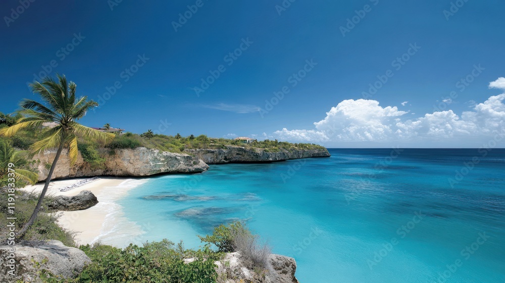 Fototapeta premium Caribbean beach paradise secluded cove, turquoise water, palm tree