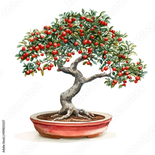 A watercolor vector of a Brazilian pepper tree bonsai, isolated on a white background. Brazilian Pepper Tree Bonsai vector.
