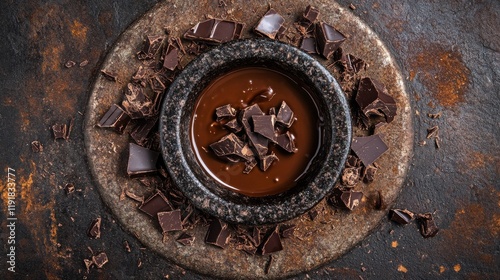 31.Concept 1: Melted chocolate bliss surrounded by broken chocolate pieces photo