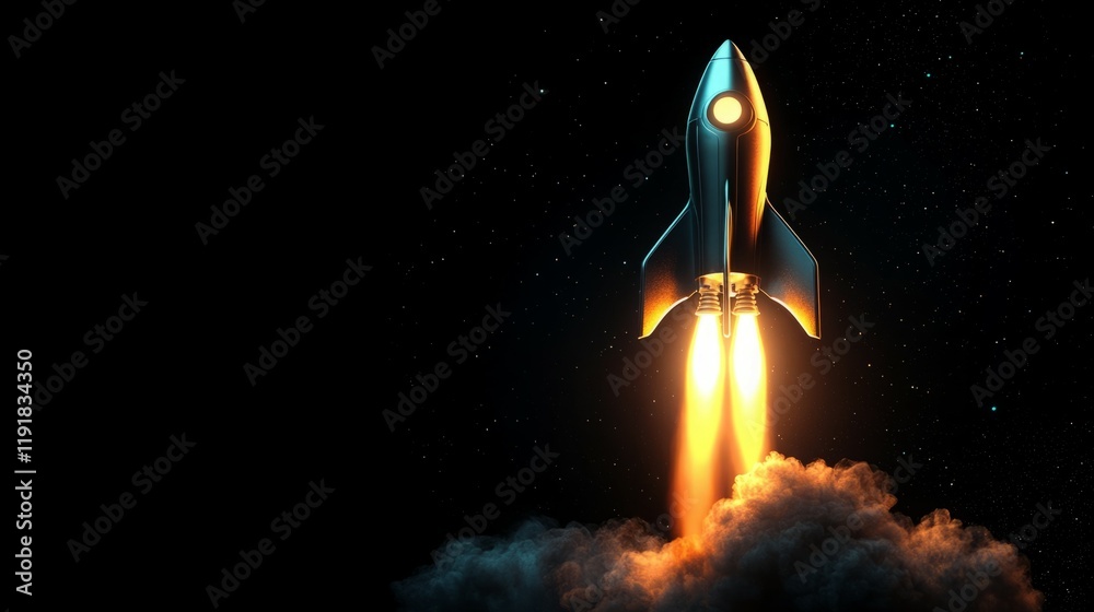 Fototapeta premium Rocket launching into the night sky, fiery trails illuminate the darkness.