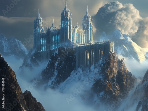 A digital painting of an ethereal ice castle perched high on snow-covered mountain peaks.