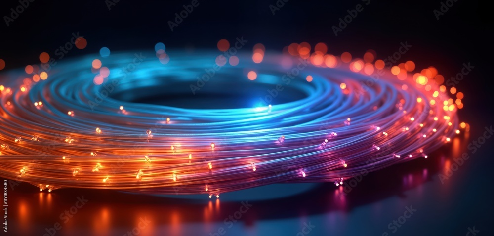 Colorful fiber optic cables swirl in circle creating vibrant, glowing digital connection. Futuristic tech concept high speed data transfer, global communication. Abstract illustration. Modern design. Colorful fiber optic cables swirl in circle creating vibrant, glowing digital connection. Futuristic tech concept high speed data transfer, global communication. Abstract illustration. Modern design.