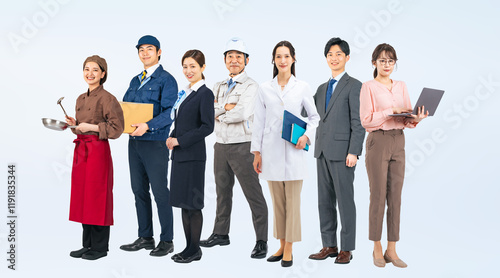 Cuadro en lienzo 職業、仕事、転職、グループ、人材、ビジネス、働く、日本人、並ぶ、整列、チームワーク、企業、会社員、アルバイト、男性、女性、作業員、エンジニア、ビジネスマン、ビジ