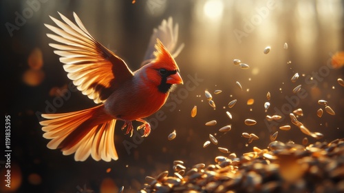 A red cardinal bird is flying over a pile of seeds