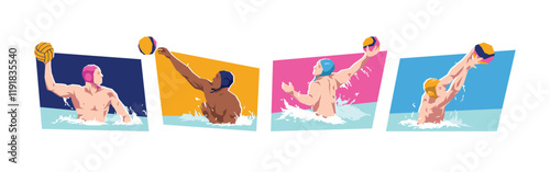 Set of male water polo player character in action. Sport, activity. Isolated on white background. Flat vector illustration.