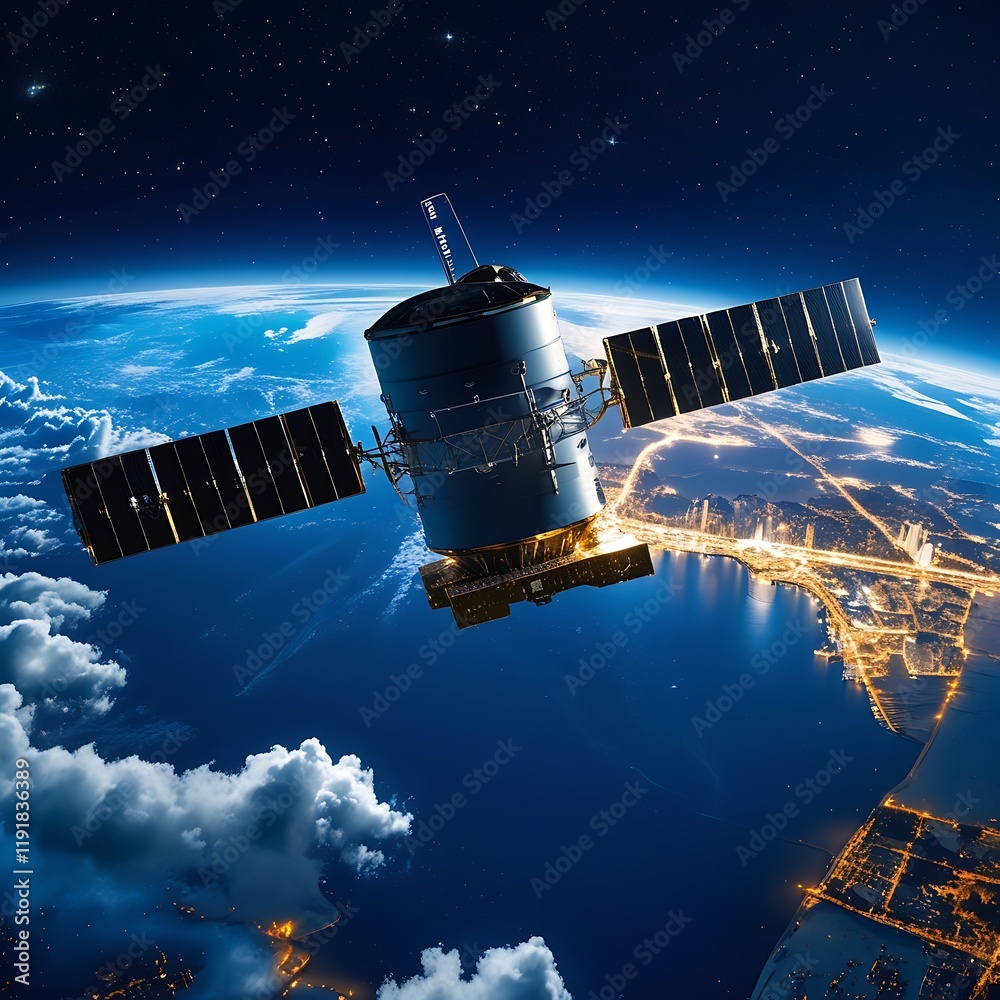 Fototapeta premium Satellite Orbiting Earth with Stunning Night View from Space