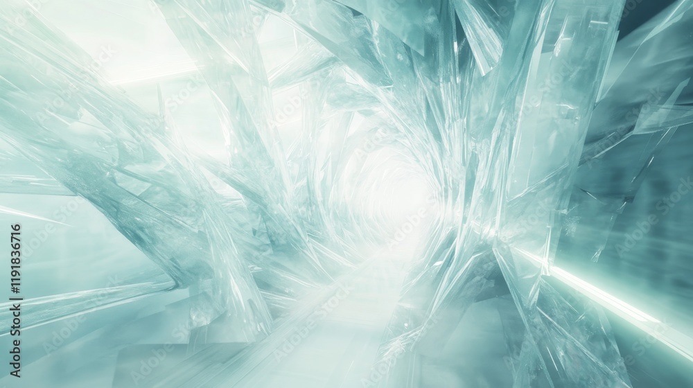 Obraz premium 3.An abstract 3D-rendered futuristic corridor, bathed in white light. The walls appear soft and fluid, with geometric shapes emerging and dissolving. Light radiates from the end of the tunnel, giving