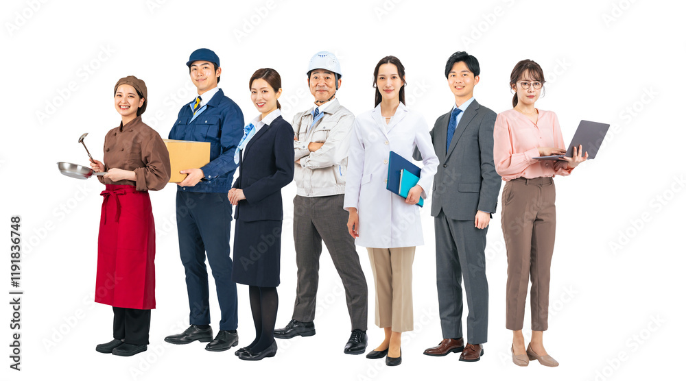 Fototapeta premium 横に並ぶ様々な職業の人々のグループ 手作業で精密に切り抜いた背景透過全身写真PNG（1人ずつのPNG画像も販売しております。作成者リンクから「PNG」で検索してください）