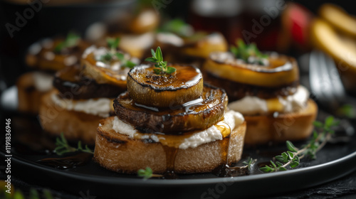 Modern Dining Scene with Crostinis, Whipped Ricotta, Zucchini, and Maple Syrup photo