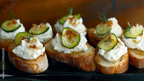 Modern Dining Scene with Crostinis, Whipped Ricotta, Zucchini, and Maple Syrup photo