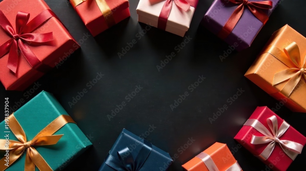 A Festive Arrangement of Wrapped Presents with Ribbons, Creating a Delightful and Celebratory Composition on a Dark Background A Festive Arrangement of Wrapped Presents with Ribbons, Creating a Delightful and Celebratory Composition on a Dark Background