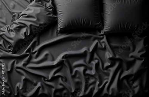Dark unmade bed top view. Black sheets blankets pillows crumpled. Luxurious bedding texture. Elegant black textile folds. Stylish interior design element. Luxurious room concept. Stylish home decor.