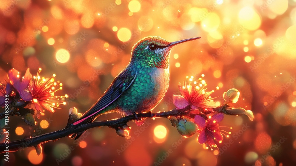 Hummingbird on a Branch with Blossoms Hummingbird on a Branch with Blossoms