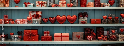 Valentines Day gifts arranged beautifully on store shelf for celebration
