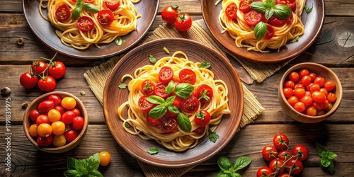 Wallpaper Mural Aerial Drone Shot: Delicious Pasta Dishes, Tomato Sauce, Cherry Tomatoes Torontodigital.ca