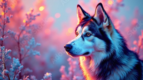 A majestic canine, bathed in the warm glow of twilight, gazes serenely amidst a field of frost-kissed flora, its fur shimmering with an ethereal luminescence.