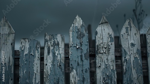 A close-up of a weathered wooden fence with peeling paint against a dark, cloudy sky.