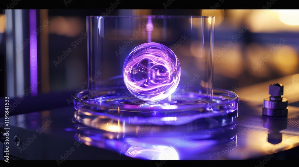 A glowing orb suspended in a clear container, showcasing energy and scientific experimentation. A glowing orb suspended in a clear container, showcasing energy and scientific experimentation.