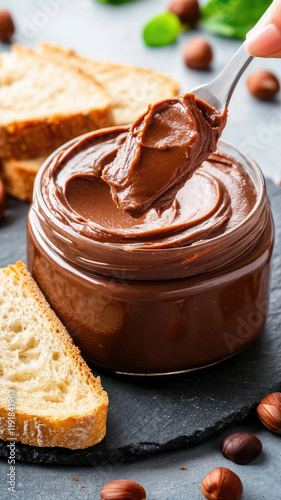 Creamy chocolate spread in jar with bread slices and hazelnuts on slate plate