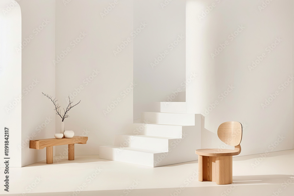 Fototapeta premium Minimalist interior with wooden furniture, white stairs, and soft natural light