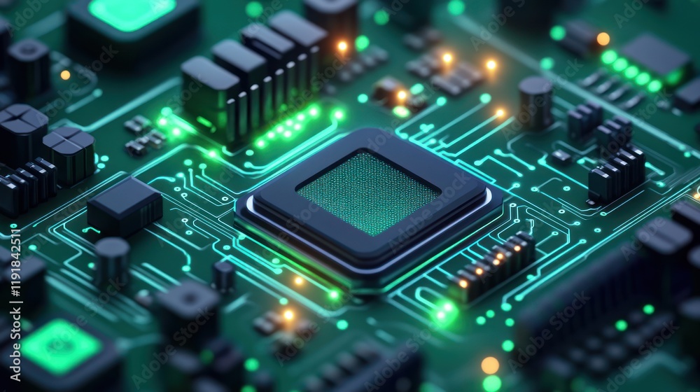 Close-up of a computer processor on a circuit board. Close-up of a computer processor on a circuit board.