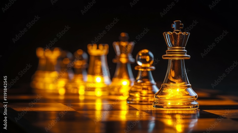 Glass chess pieces illuminated on a dark background. Glass chess pieces illuminated on a dark background.