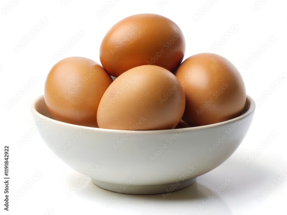 Brown Eggs in White Bowl, Isolated White Background - High-Resolution Product Photography for Food Blogs & Recipes Brown Eggs in White Bowl, Isolated White Background - High-Resolution Product Photography for Food Blogs & Recipes