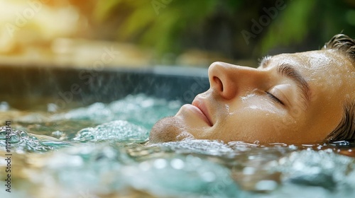 Man relaxing in bubbling water with peaceful surroundings photo