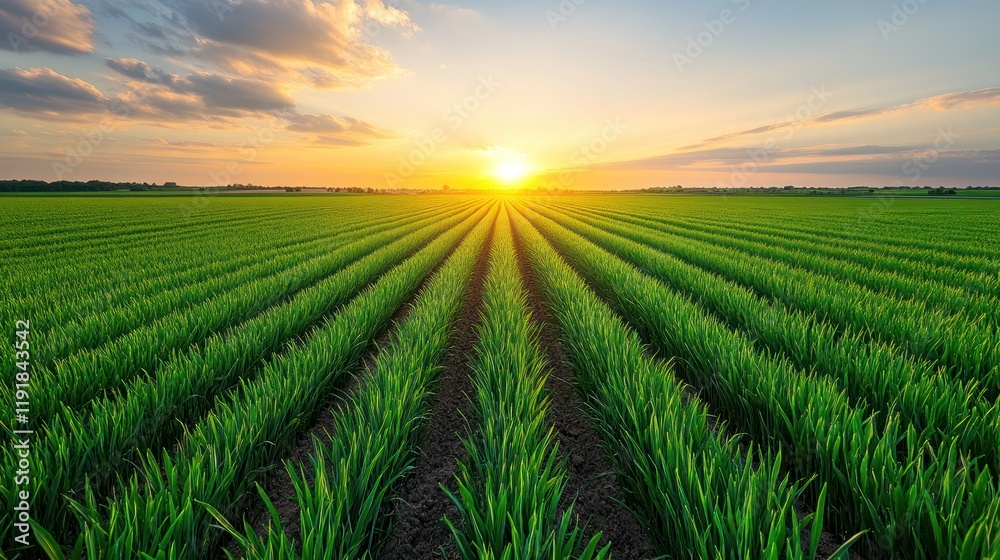 Sunset over vibrant green field rows Sunset over vibrant green field rows