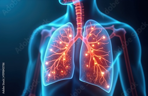 Human lungs x-ray illustration shows respiratory system anatomy. Detailed view of lung structure highlights healthy breathing process. Abstract graphic image promotes health, respiratory system photo