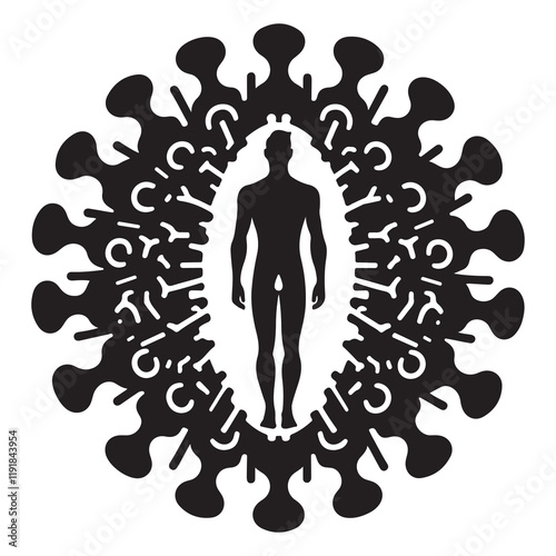 HIV (Human Immunodeficiency Virus) Silhouette Vector Illustration, Solid White Background.