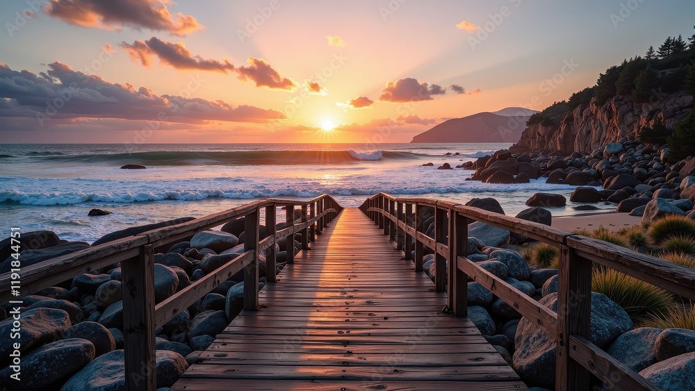 Obraz premium Sun-dappled wooden walkway meanders towards a serene beach, flanked by sturdy railings, inviting exploration under the open sky
