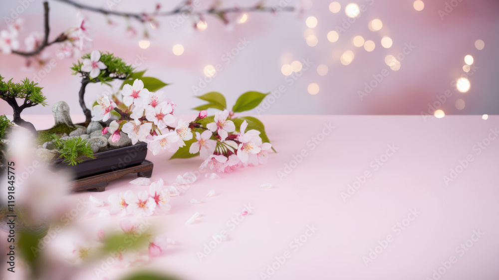 Fototapeta premium Pink Cherry Blossom Bonsai Tree Spring Season Tabletop